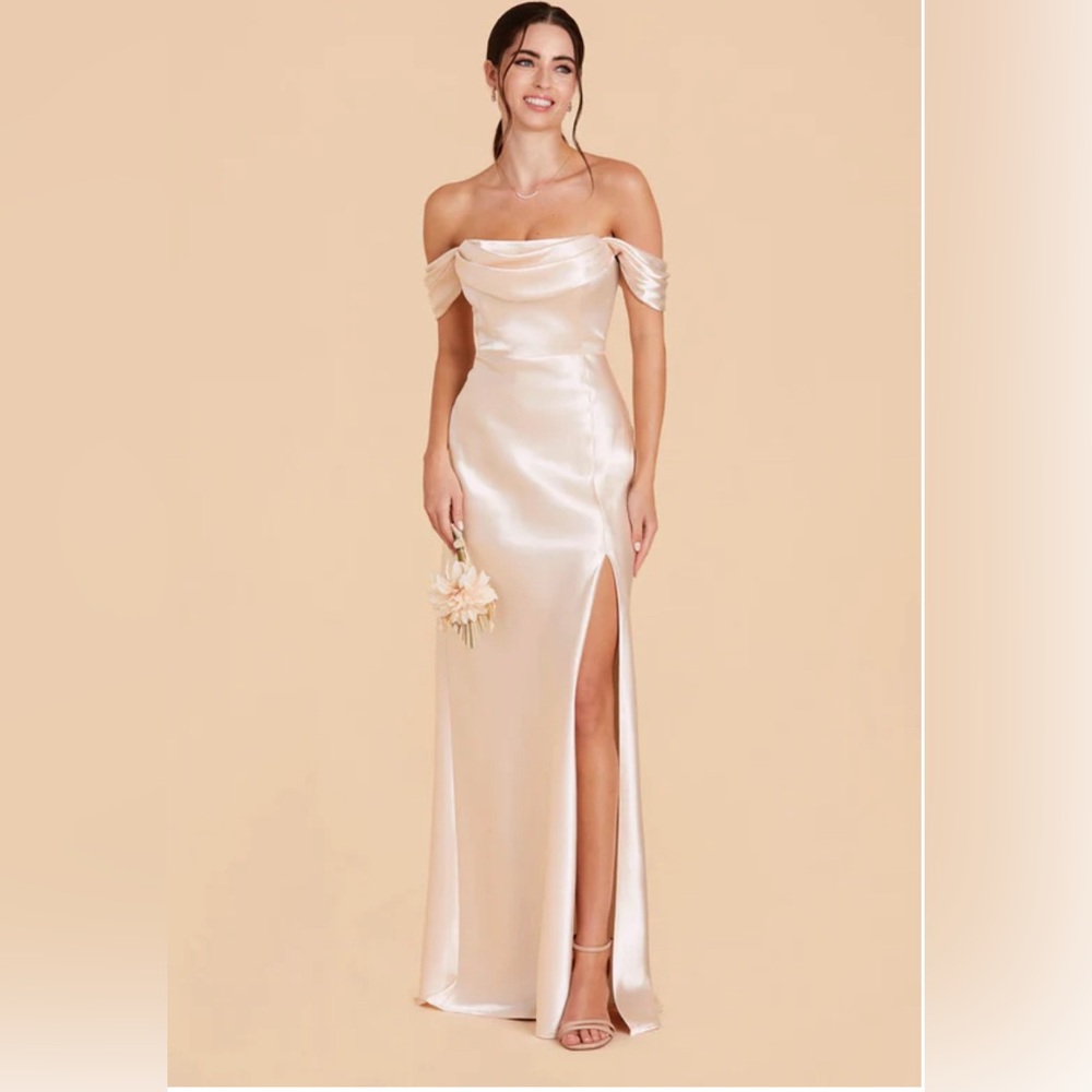 Birdy Grey Off-Shoulder Satin Wedding Dress in Champagne